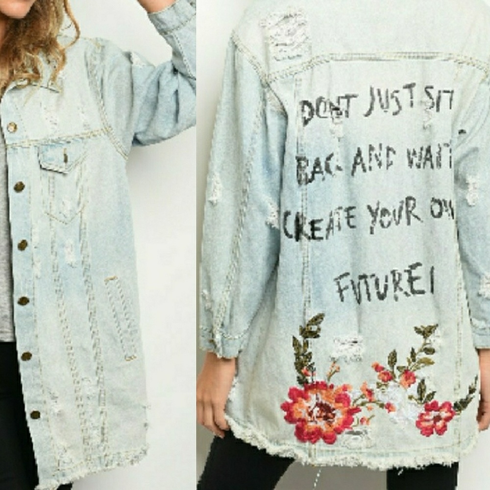 Last 2! Distressed Embroidered Denim Jean Jacket - Picture 5 of 5